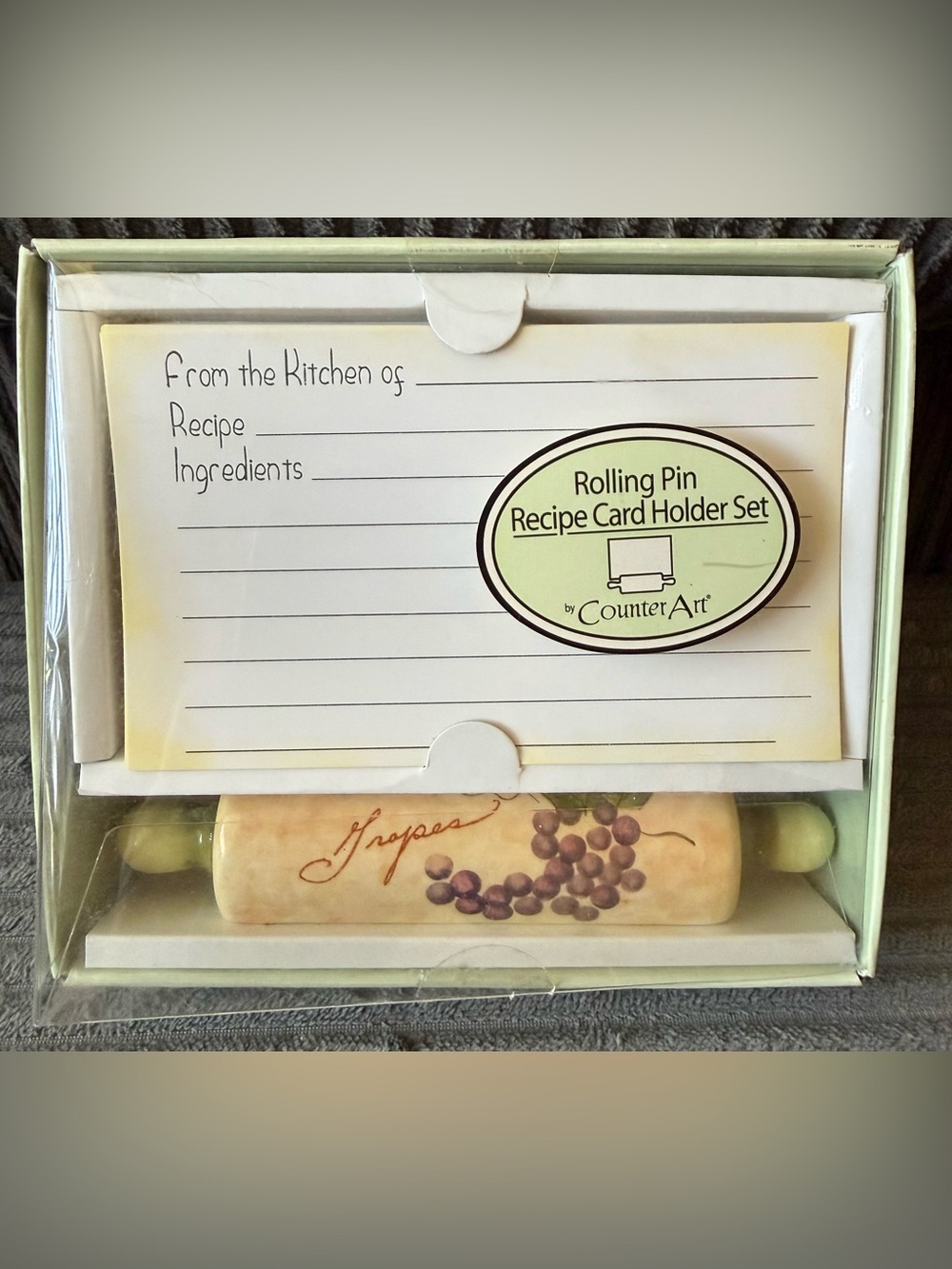 Rolling Pin Recipe Card Holder — Beige with Grape Motif Counter Art New